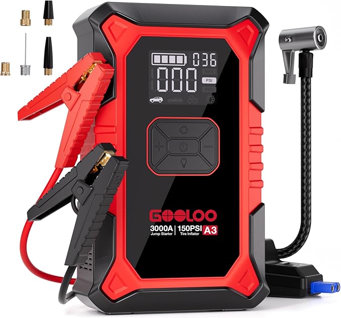 GOOLOO A3 3000A Jump Starter with Built-in 150PSI Air Compressor for 9.0L Gas and 6.5L Diesel Engines