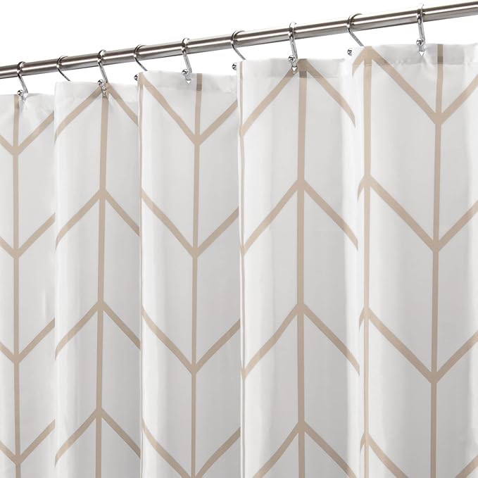 mDesign Fabric Geometric Shower Curtain, Herringbone Chevron Print, Reinforced Buttonholes, Machine Washable, 72 by 72, Beige and White