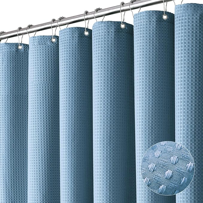 Dynamene Blue Waffle Weave Heavy Duty Fabric Shower Curtain, 256GSM Hotel Luxury Weighted Bath Curtain Set with 12 Hooks, 72 by 72, Moonlight Blue